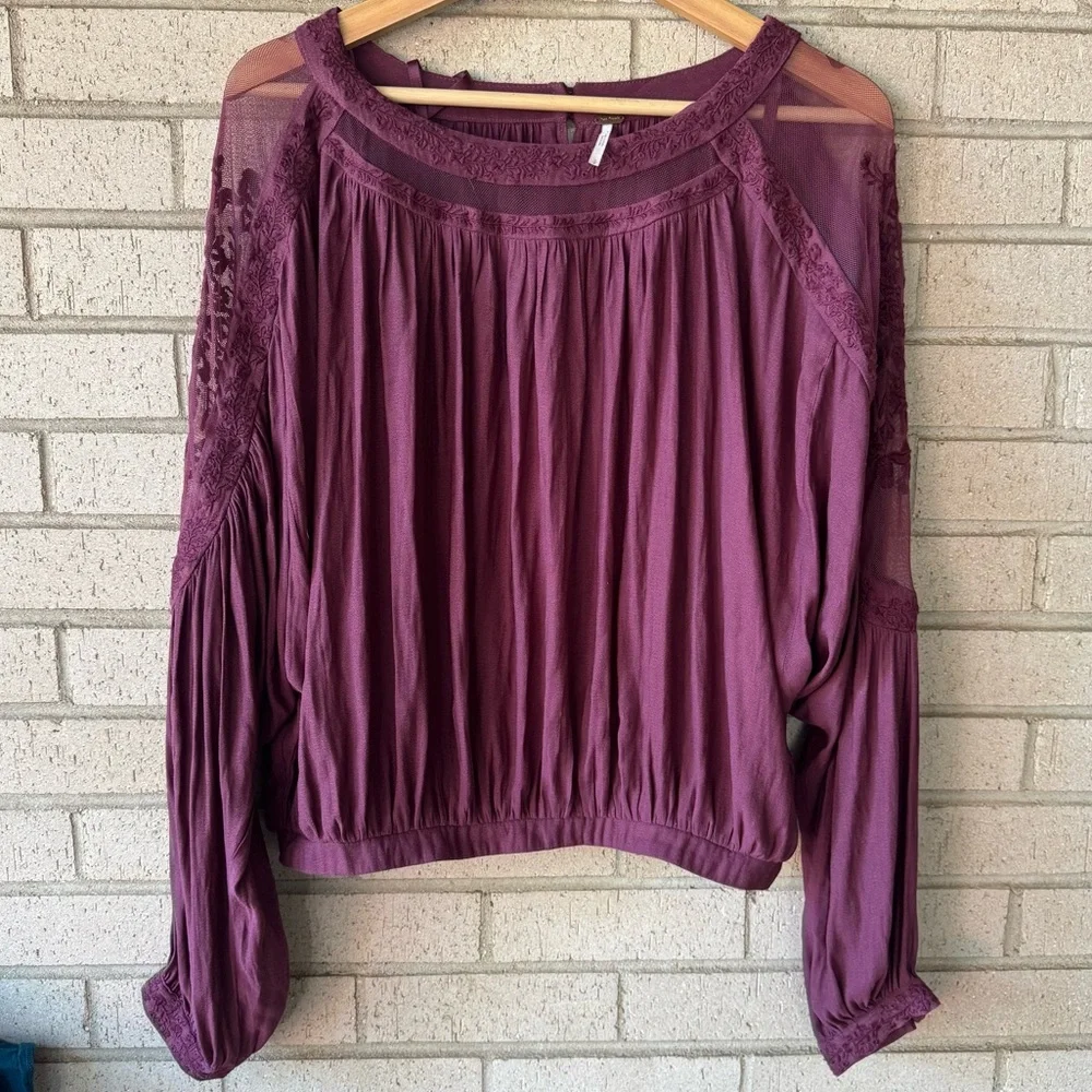Free People Plum Sheer Lace Boho Embroidered Peasant Blouse | Size S